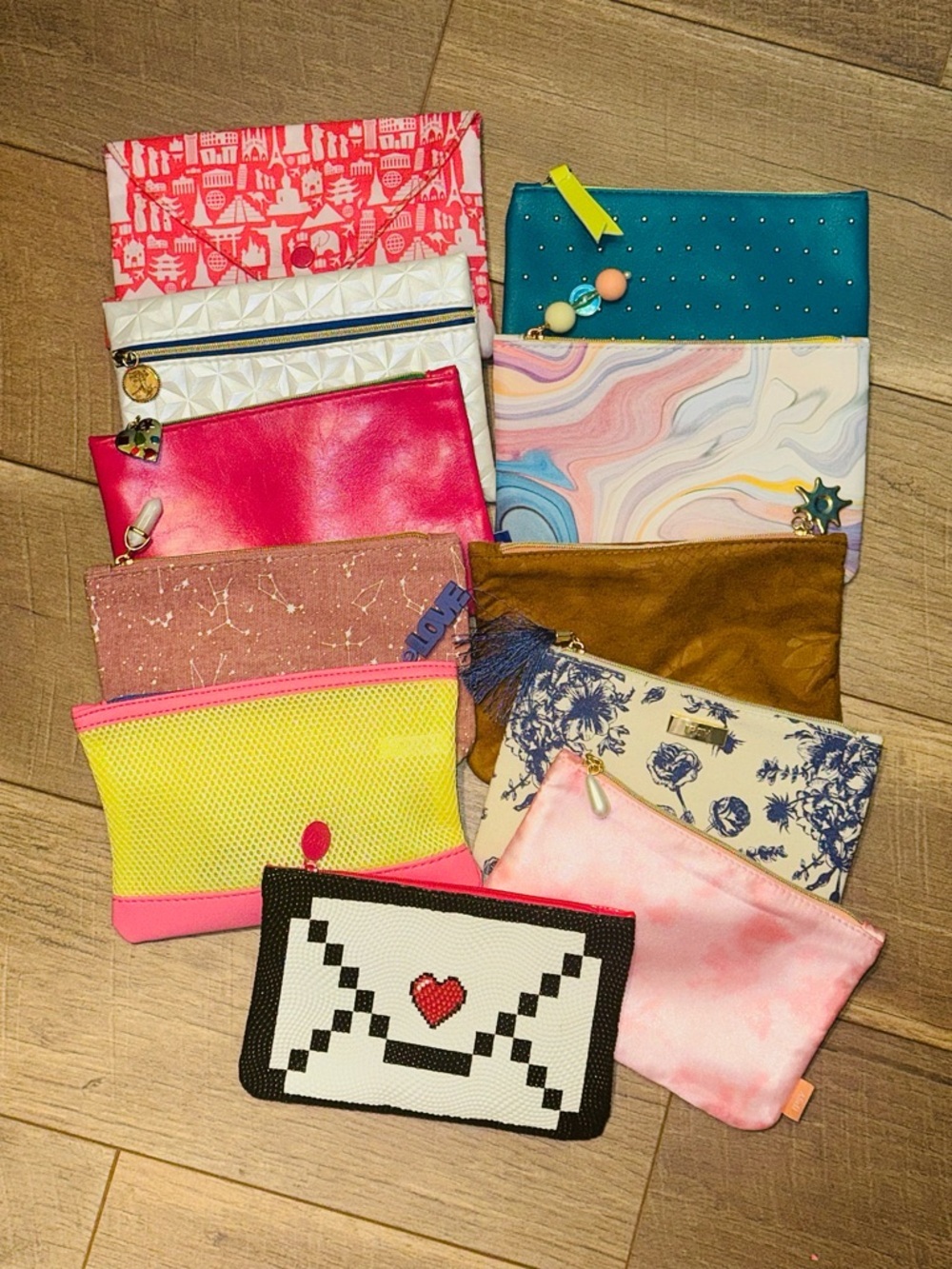ipsy Multi-Pouch Set in Pink, Yellow, Teal & Marble Bundle w/Free Gifts